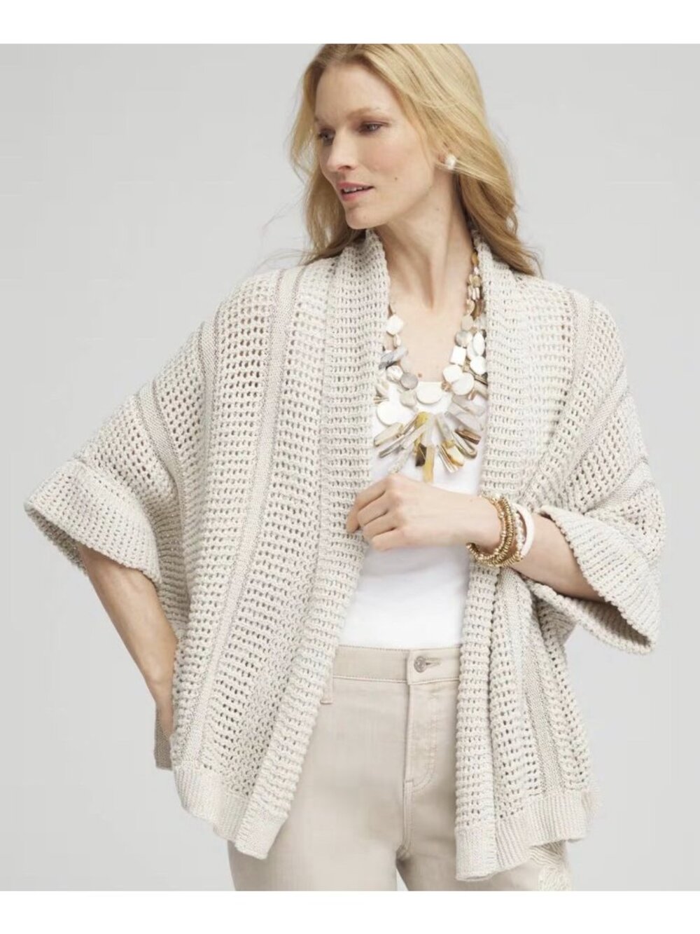 Chicos Womens S/M Cream Open Knit Cardigan Cotton Blend Boho Coastal Kimono
